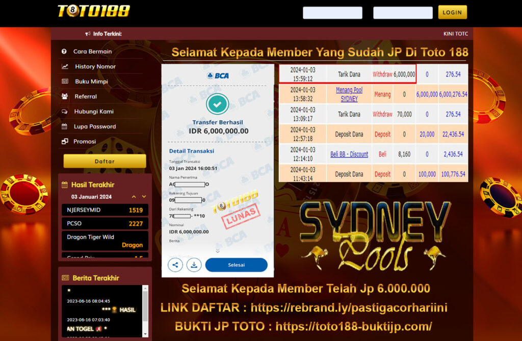 Bukti Jp Kemenangan Toto188 03 Januari 2024