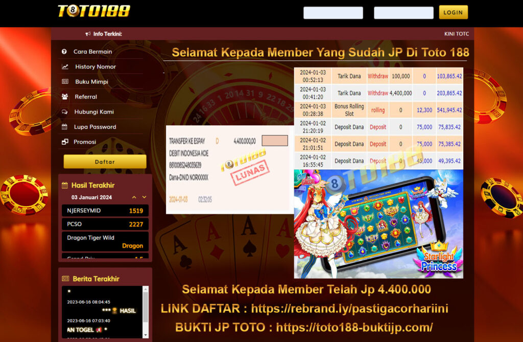 Bukti Jp Kemenangan Toto188 Starlight Princess 03 Januari 2024