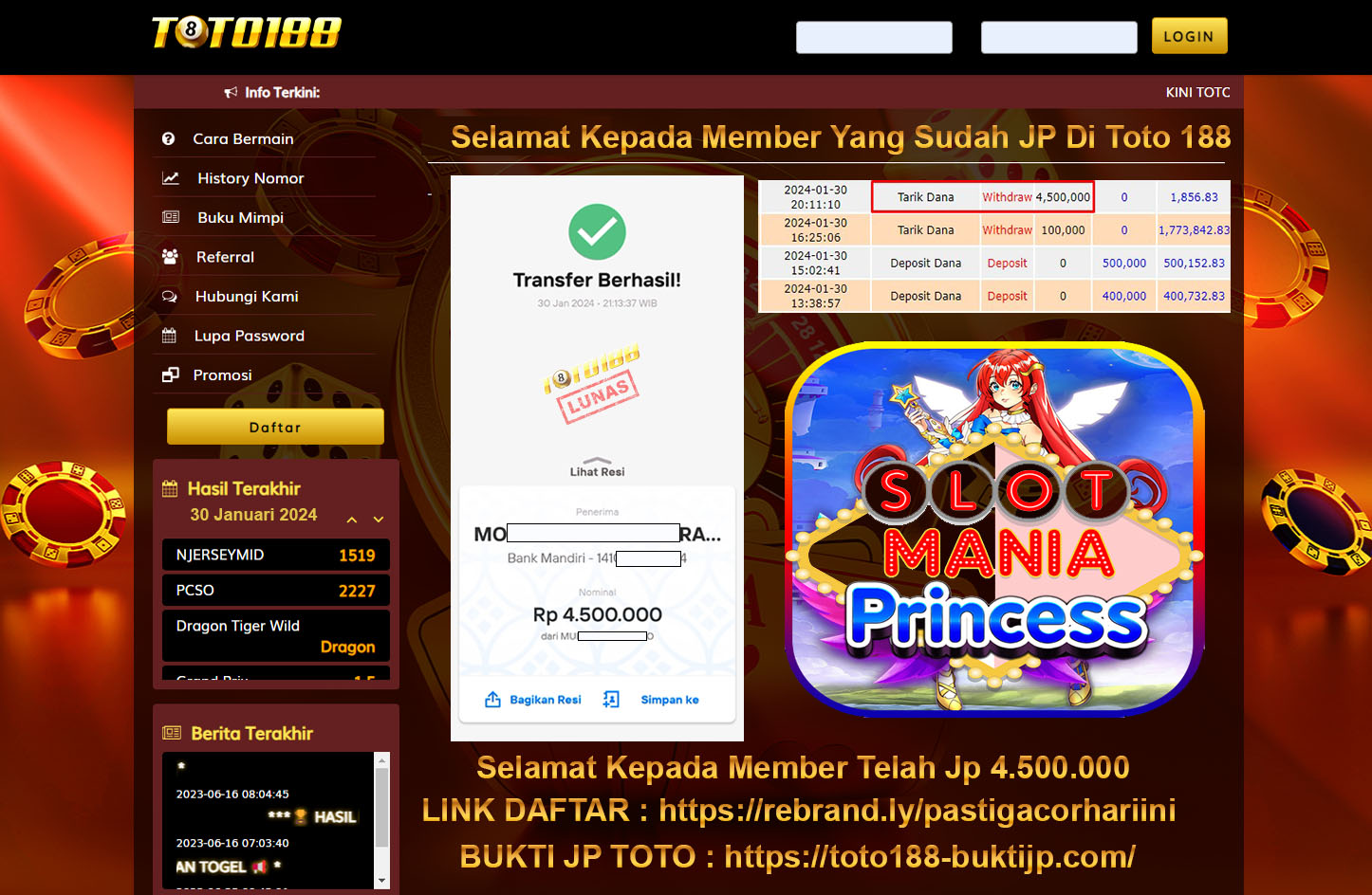 Bukti Jp Kemenangan Toto188 30Januari2024