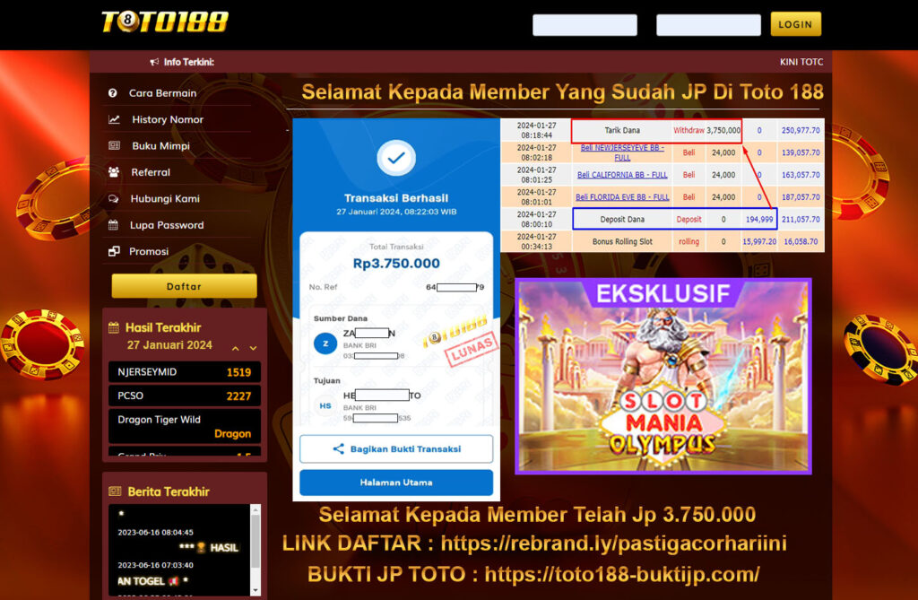 Bukti Jp Kemenangan Toto188 Slot Mania Olympus 27 Januari 2024