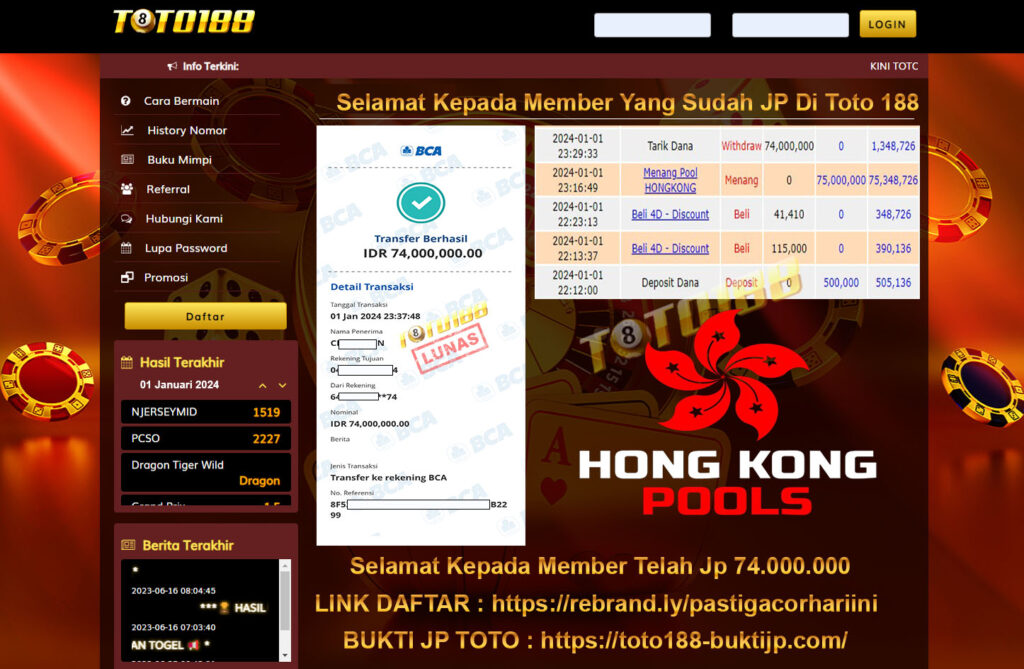 Bukti Jp Kemenangan Toto188 Hongkong Pools 02 Januari 2024