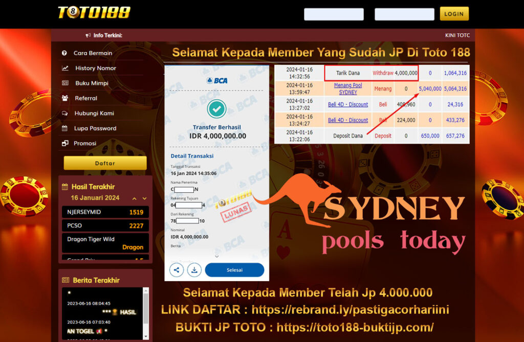 Bukti Jp Kemenangan Toto188 Sydney Pools 16 Januari 2024