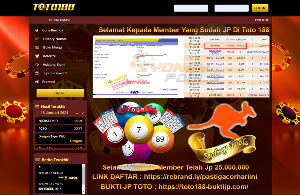 Bukti Jp kemenangan Toto188 Sydney Pools 18 januari 2024