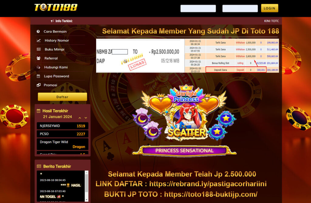 Bukti Jp Kemenangan Toto188 Starlight Princess 21 januari 2024