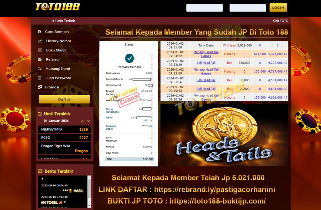 Bukti Jp Kemenangan Heads&Tails Toto188 02 Januari 2024