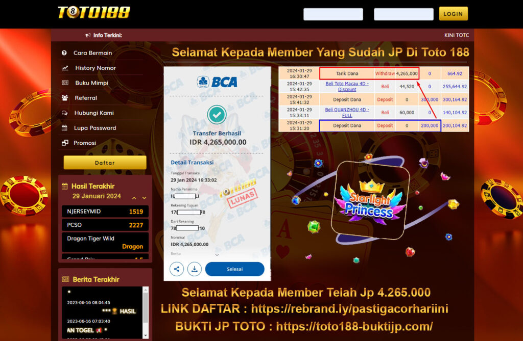 Bukti Jp Kemenangan Toto188 29 Januari 2024