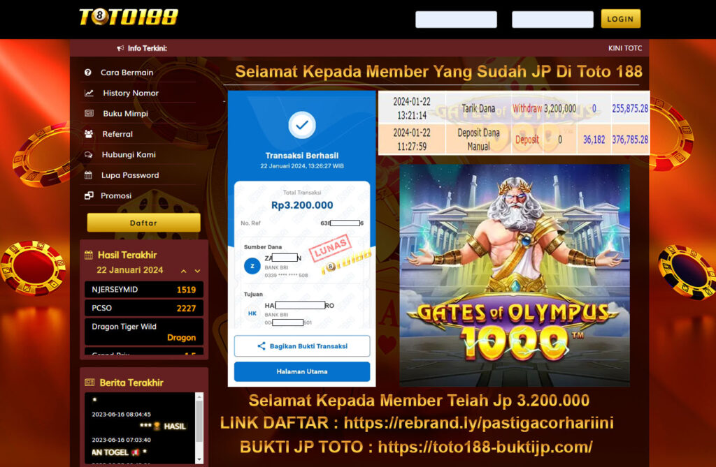 Bukti Jp Kemenangan Toto188 Gates Of Olympus 1000 22 januari 2024