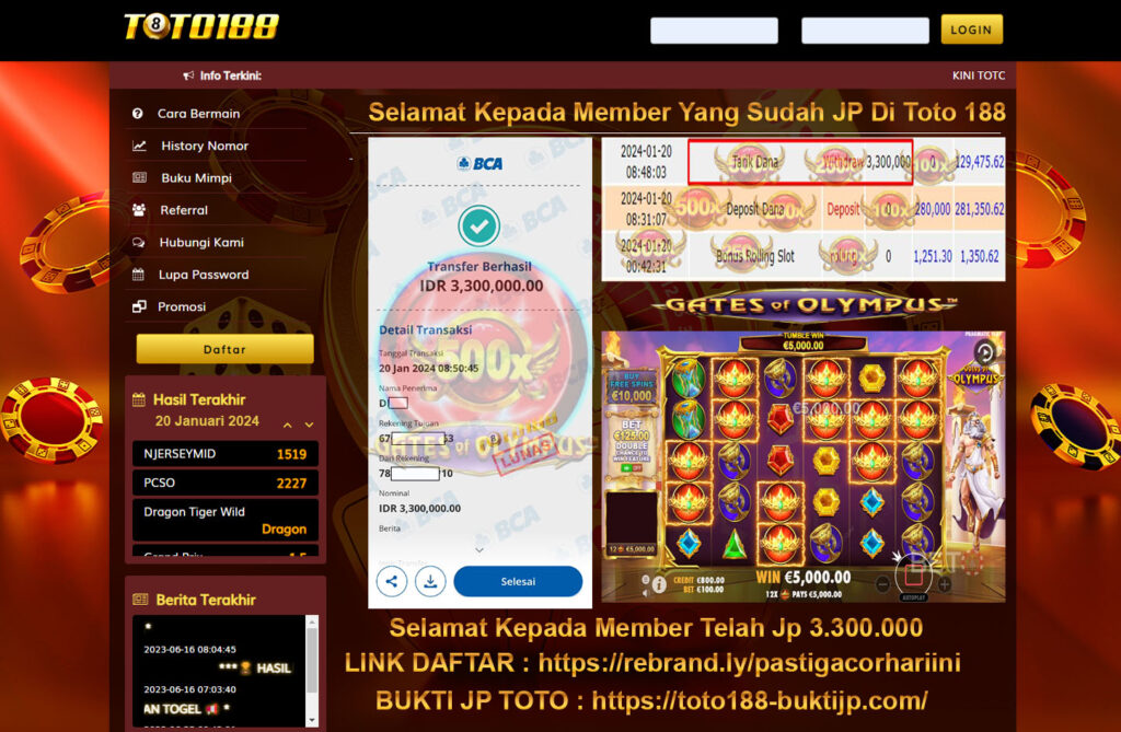 Bukti Jp Kemenangan Toto188 Gates Of Olympus 20 Januari 2024