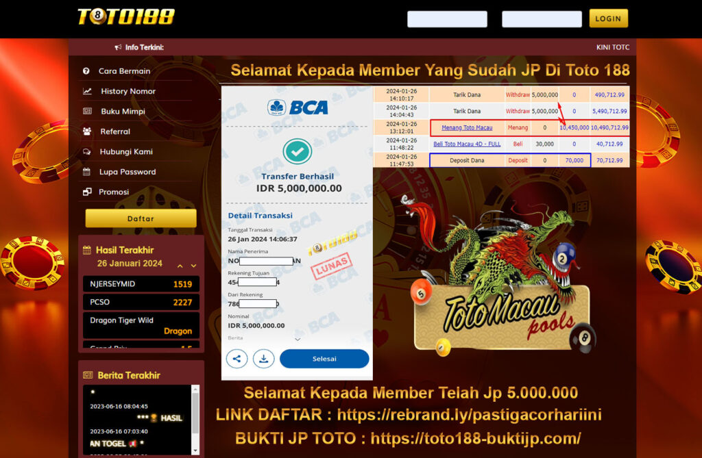 Bukti Jp Kemenangan Toto188 26 Januari 2024