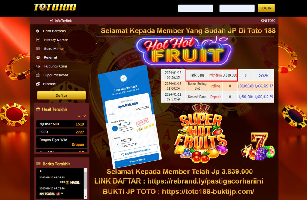 Bukti Jp Kemenangan Toto188 Hothotfruit 12 Januari 2024
