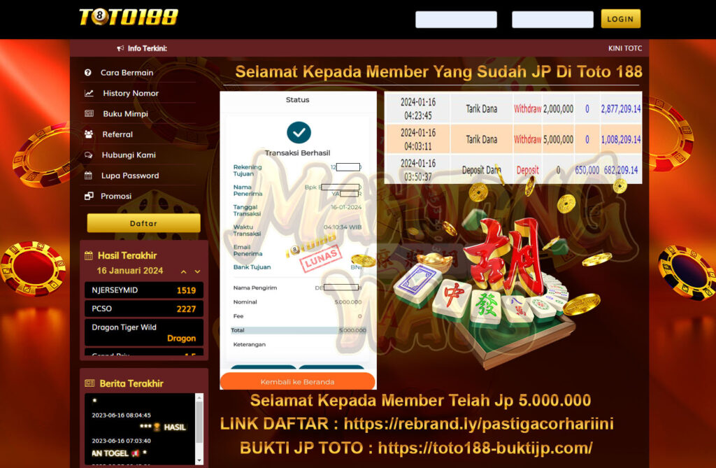 Bukt JP kemenangan Toto188 Mahjong ways 16 Januari 2024