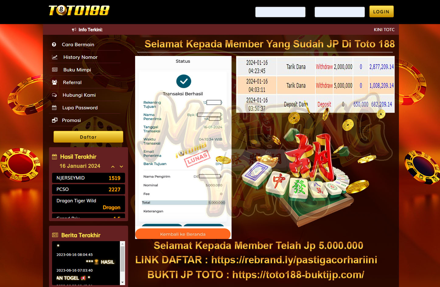 Bukt JP kemenangan Toto188 Mahjong ways 16 Januari 2024
