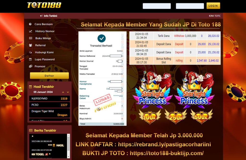 Bukti Jp Kemenangan Toto188 Starlight Princess 05 Desember 2024