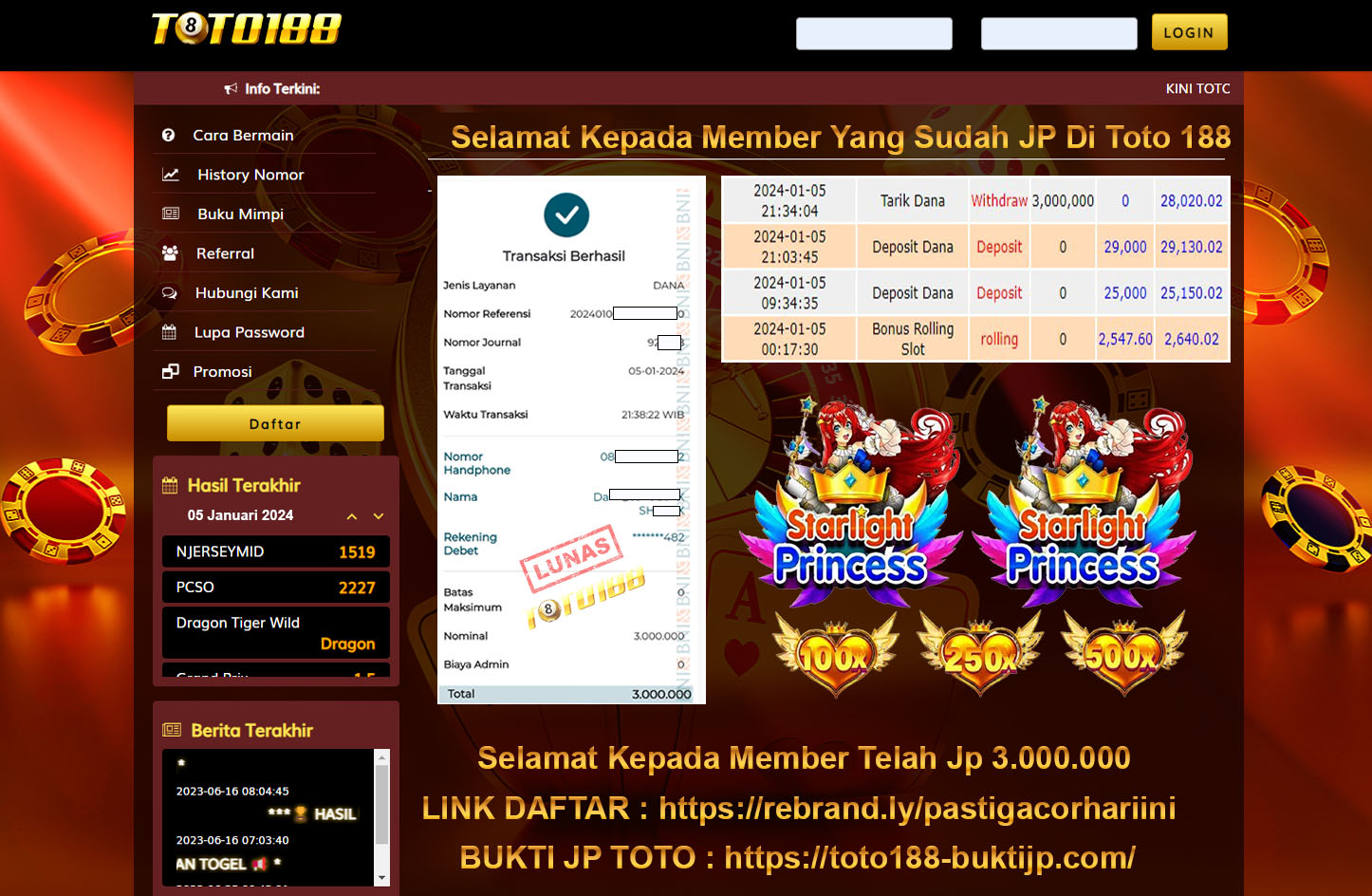 Bukti Jp Kemenangan Toto188 Starlight Princess 05 Desember 2024