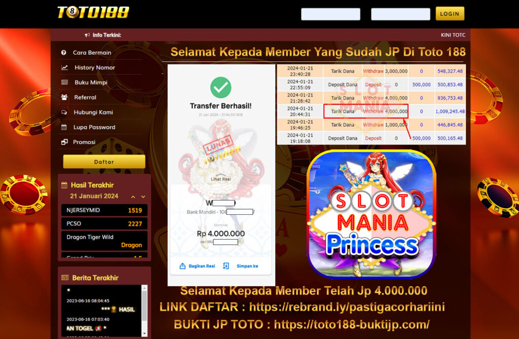 Bukti Jp Kemenangan Toto188 Slot Mania Princess 21 Januari 2024