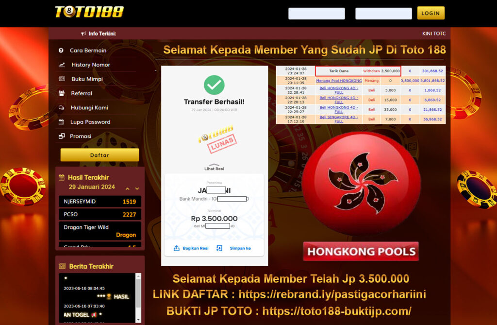 Bukti Jp Kemenangan Toto188 29 Januari 2024
