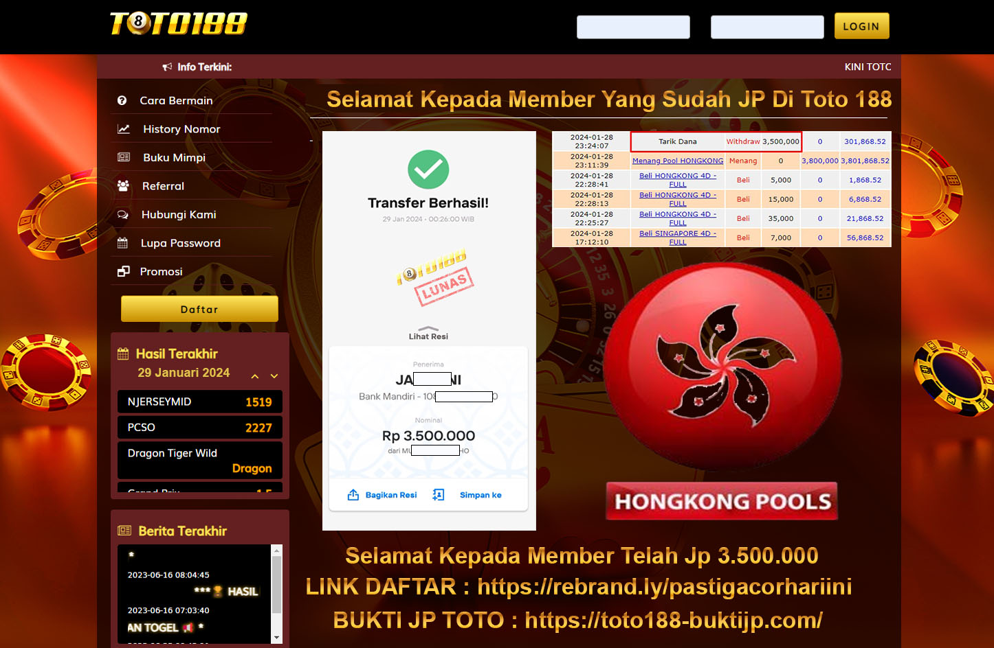 Bukti Jp Kemenangan Toto188 29 Januari 2024