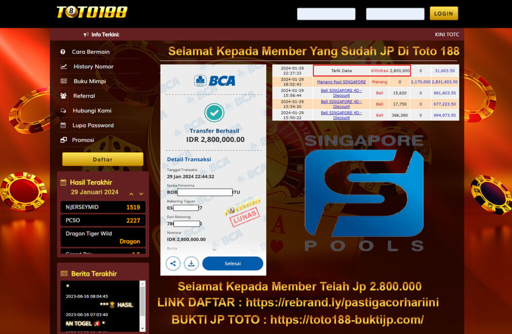 Bukti Jp Kemenangan Toto188 Singapore Pools 29 Januari 2024