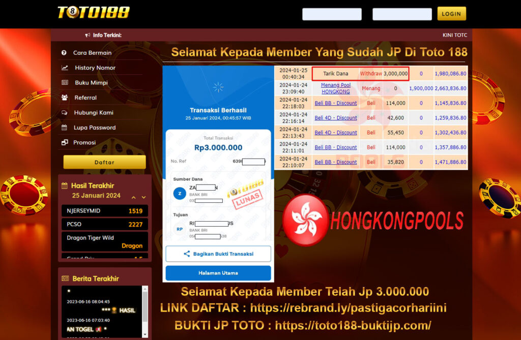 Bukti Jp Kemenangan Toto188 Hongkong pools 25 Januari 2024