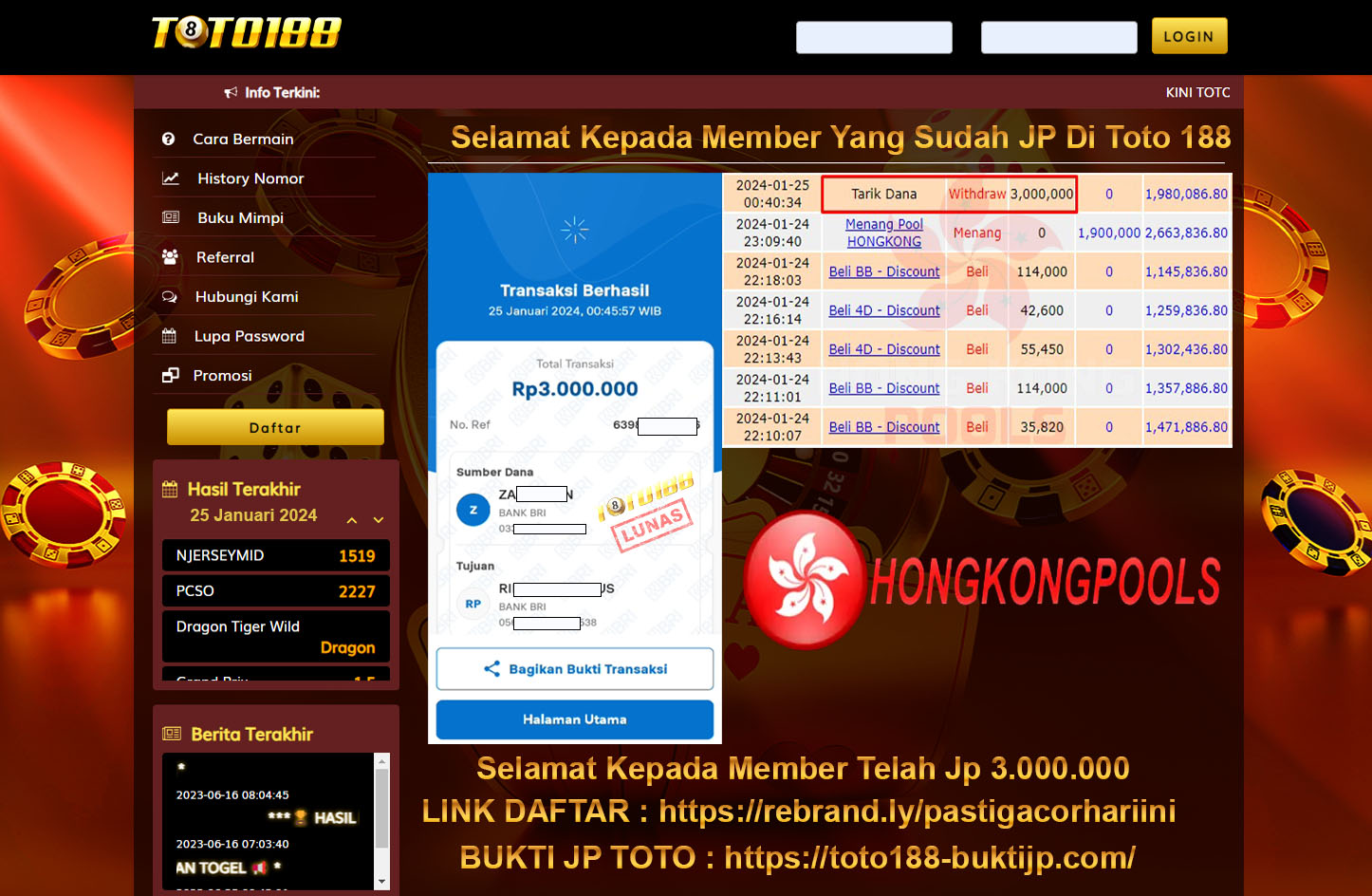 Bukti Jp Kemenangan Toto188 Hongkong pools 25 Januari 2024