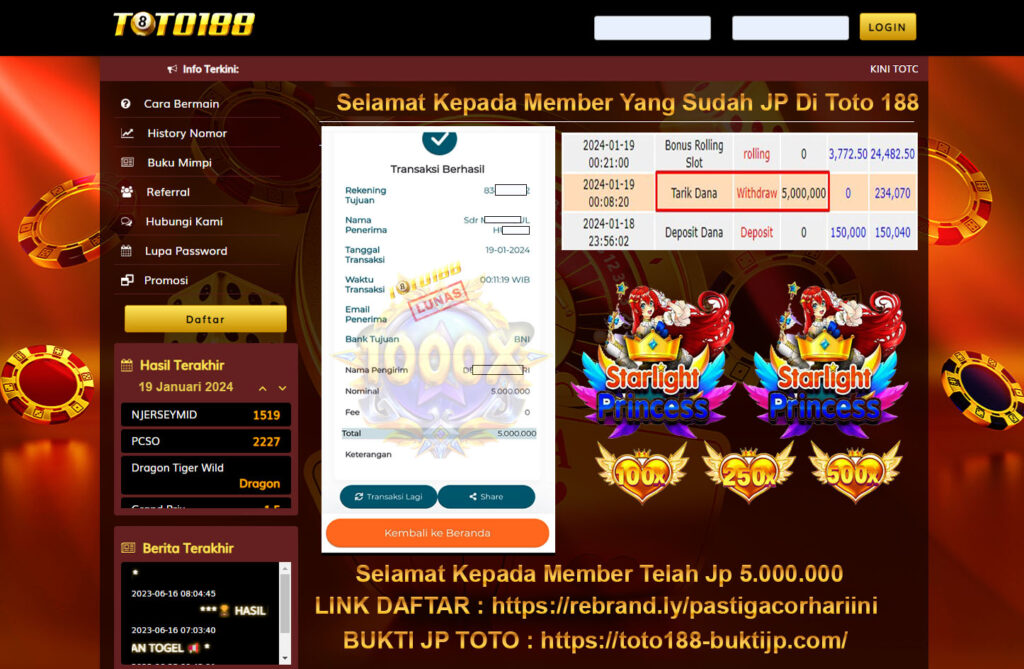Bukti Jp Kemenangan Toto188 Starlight Princess 19 Januari 2024