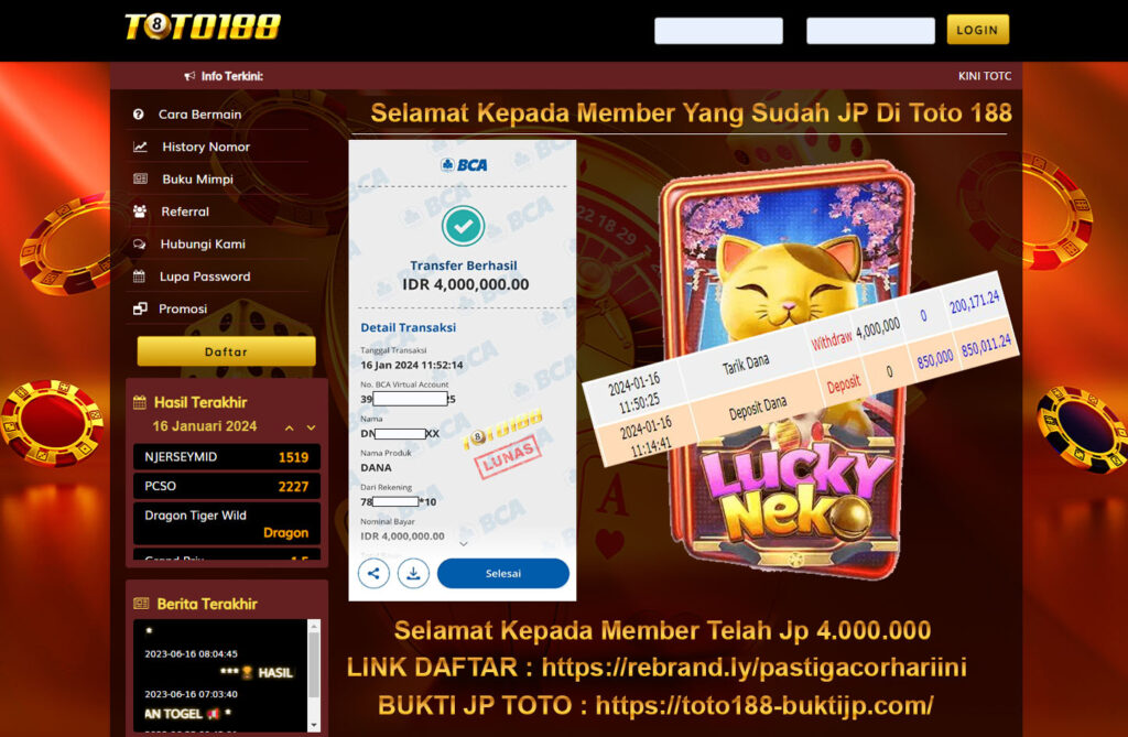 Bukti Jp Kemenangan toto188 Lucky Neko 16 januari 2024