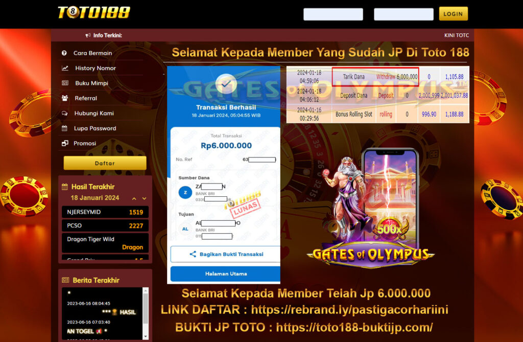 Bukti Jp Kemenangan Toto188 Gates Of Olympus 18 Januari 2024
