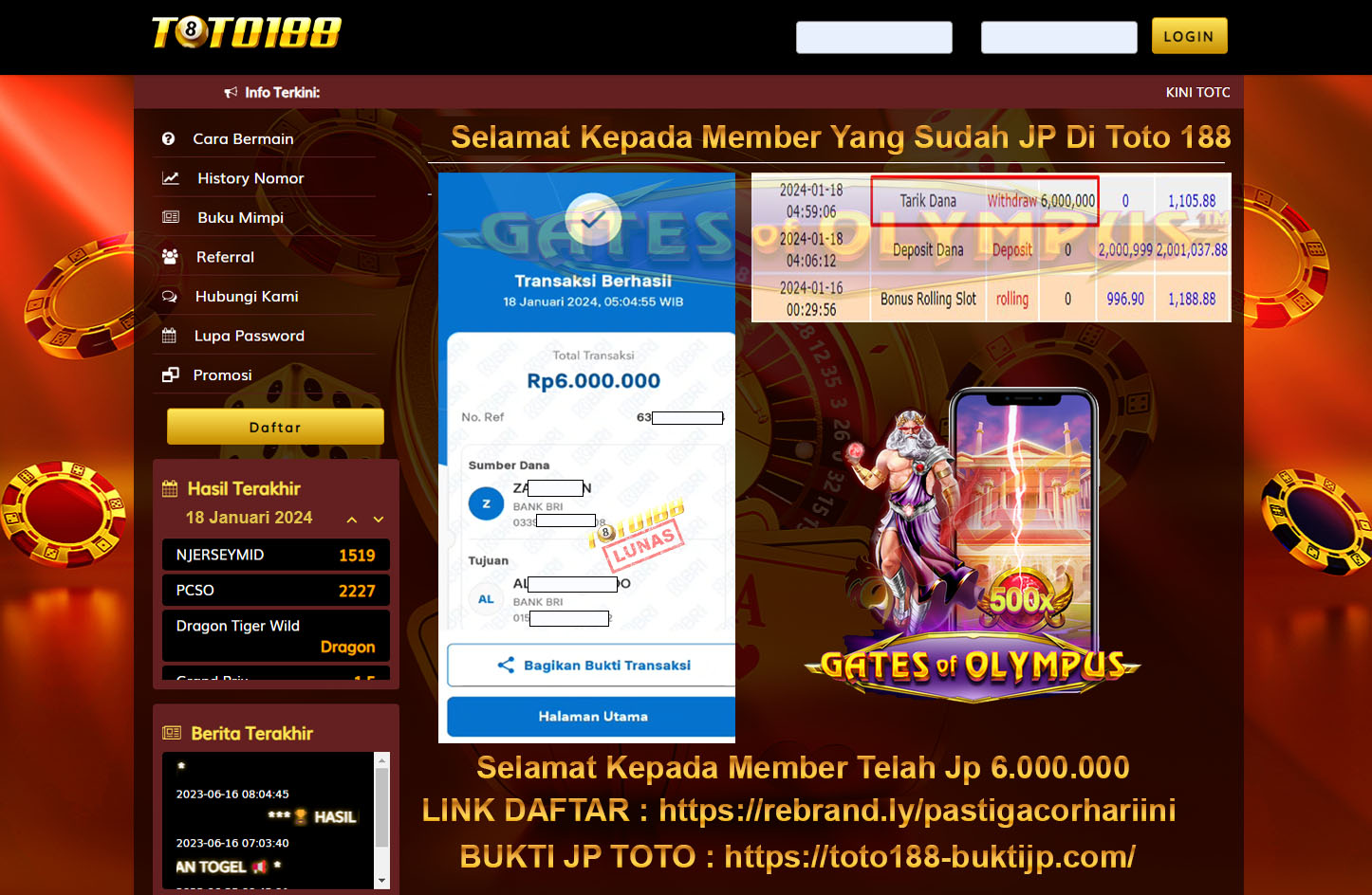 Bukti Jp Kemenangan Toto188 Gates Of Olympus 18 Januari 2024