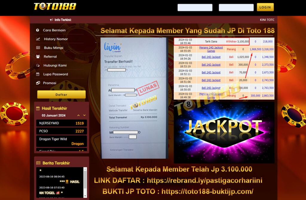 Bukti Jp Kemenangan Toto188 24D Jackpot 03 Januari 2024