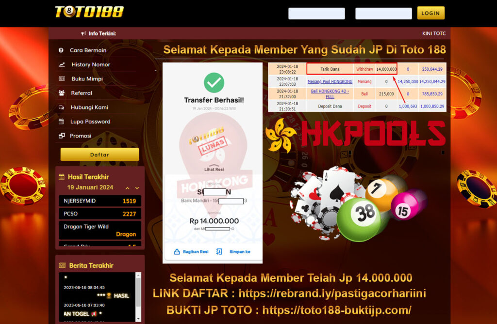 Bukti Jp Kemenangan Toto188 Hongkong Pools 19 Januari 2024