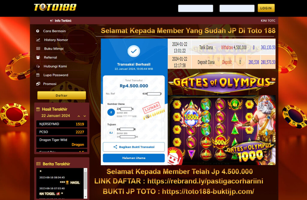 Bukti Jp Kemenangan Toto188 Gates Of Olympus 22 Januari 2024