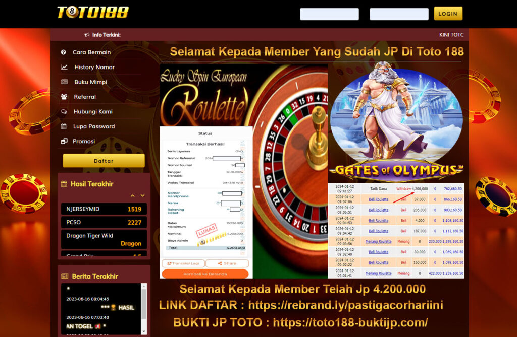 Bukti Jp Kemenangan Toto188 Gates Of Olympus & Roulette 12 Januari 2024