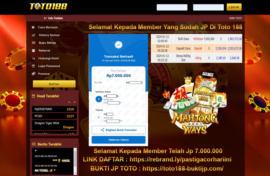 Bukti Jp Kemenangan Toto188 Mahjong Ways 13 Januari 2024