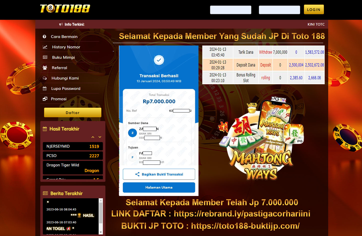 Bukti Jp Kemenangan Toto188 Mahjong Ways 13 Januari 2024