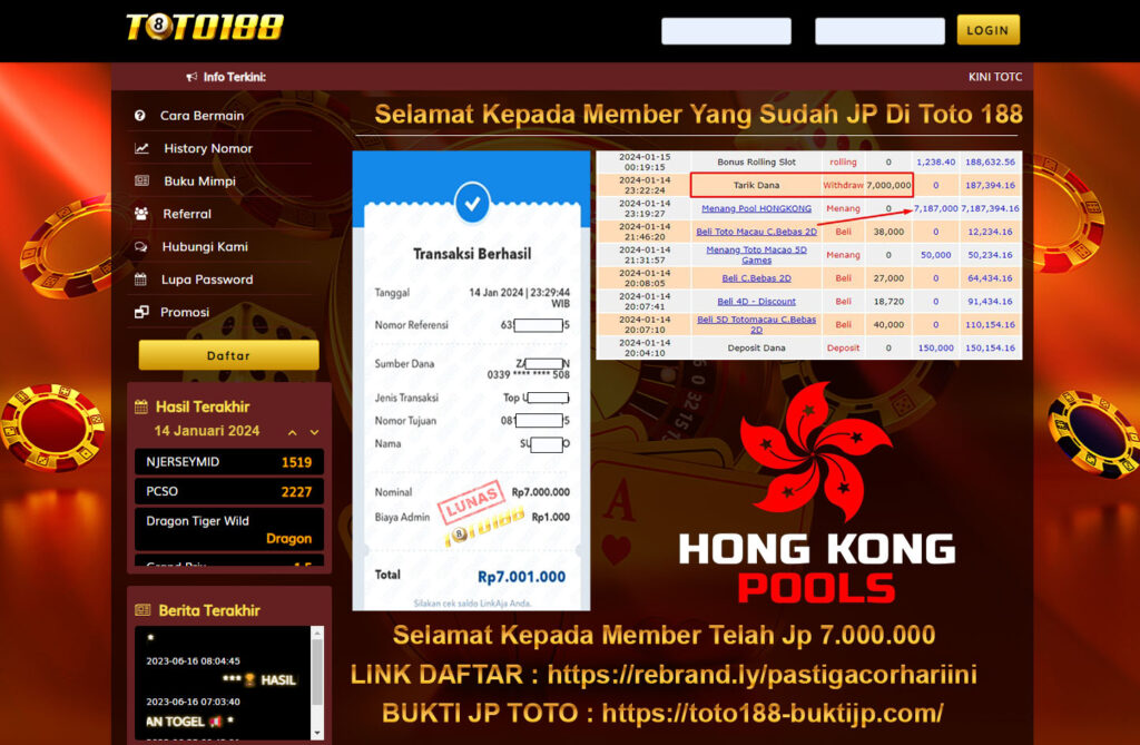 Bukti Jp Kemenangan Toto188 Hongkong Pools 14 Januari 2024