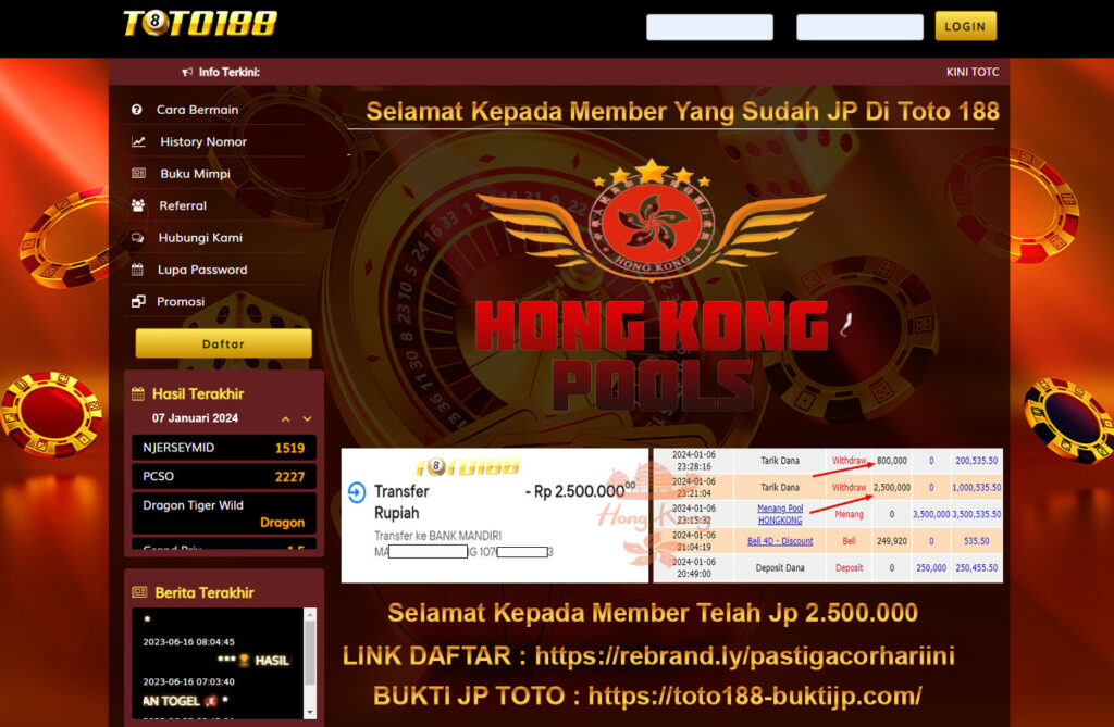 Bukti Jp Kemenangan Toto188 Hongkong Pools 07 Januari 2024