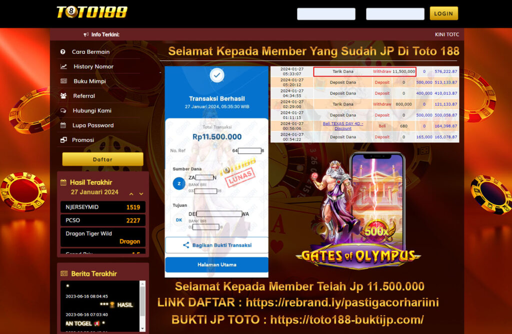 Bukti Jp Kemenangan Toto188 Gates Of Olympus 27 Januari 2024