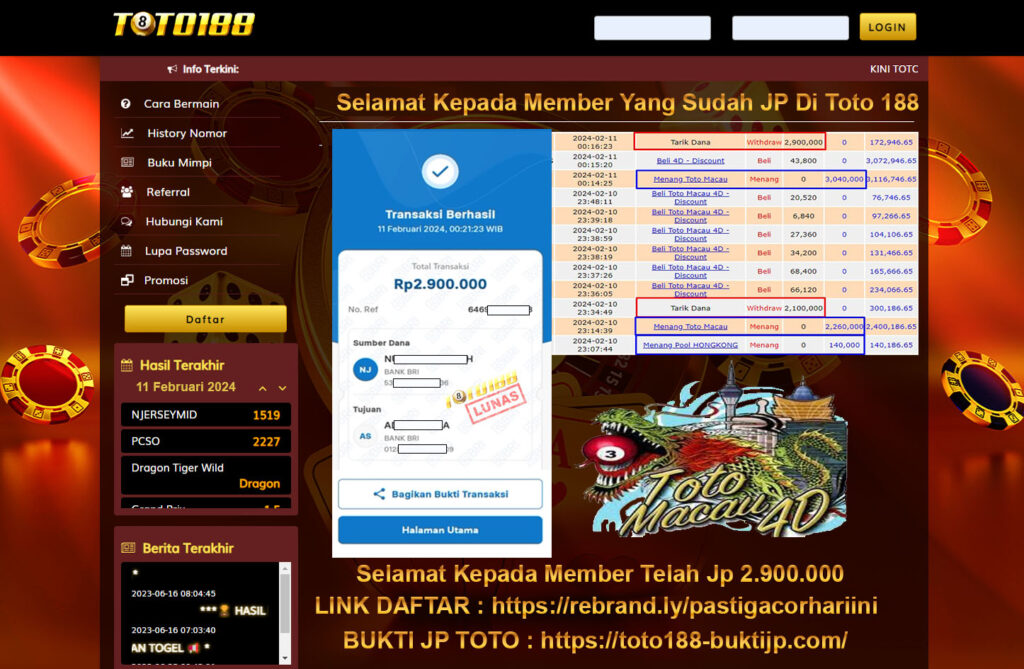 Bukti jp kemenangan toto188 toto macau 11 februari 2024