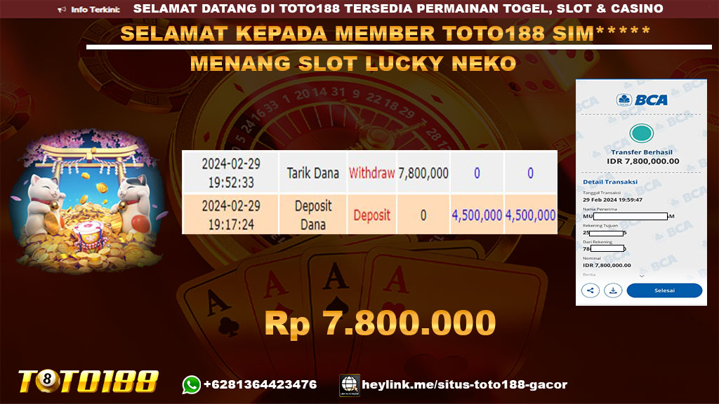 Bukti Jp Kemenangan Toto188 Lucky Neko 29 Februari 2024