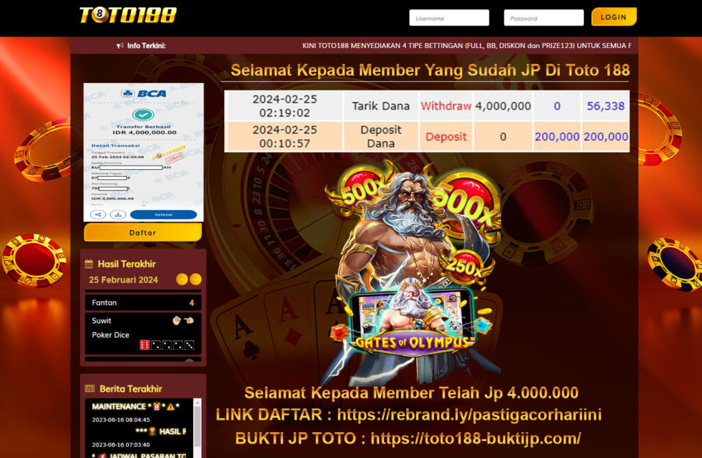 Bukti Jp Kemenangan Toto188 Gates Of Olympus 25 Februari 2024