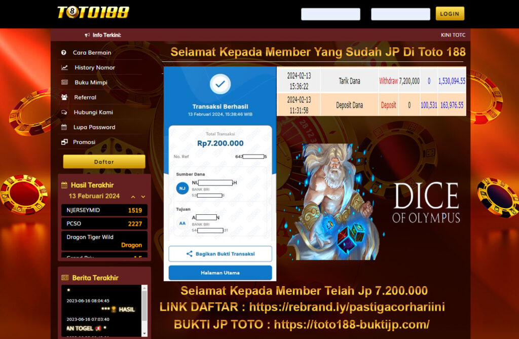 Bukti Jp Kemenangan Toto188 13 Februari 2024