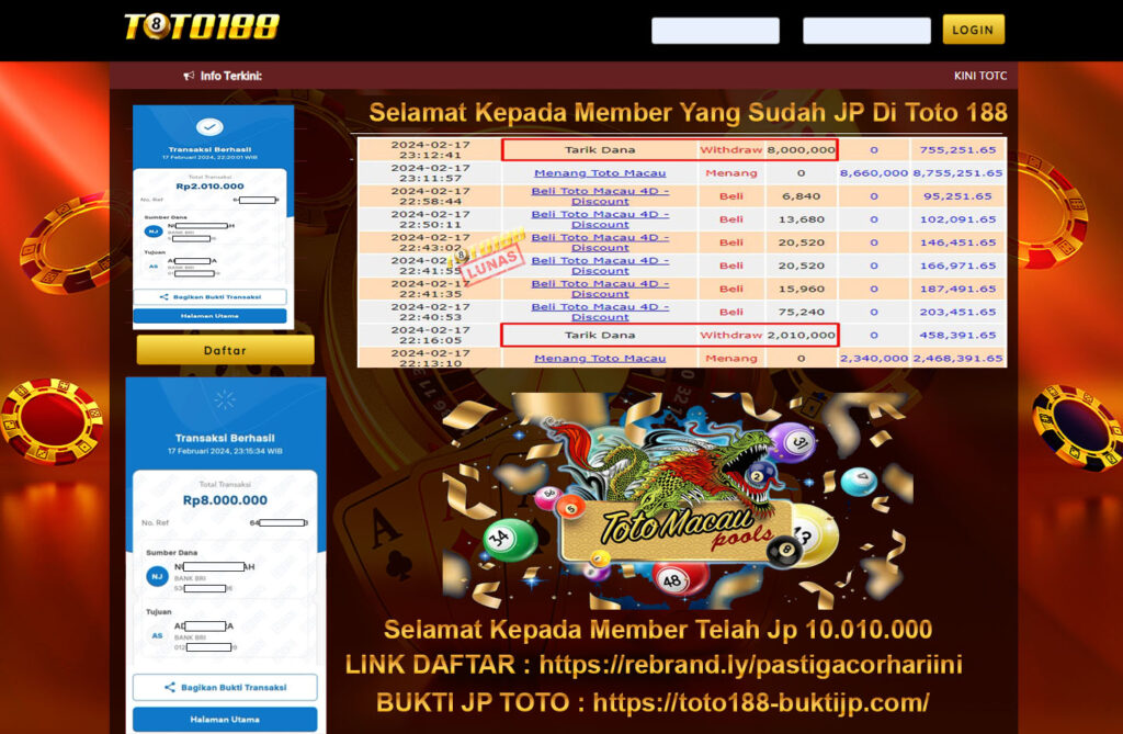 Bukti Jp Kemenangan Toto188 17 Februari 2024