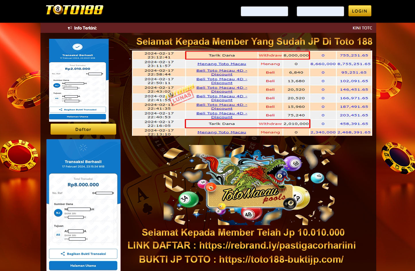 Bukti Jp Kemenangan Toto188 17 Februari 2024