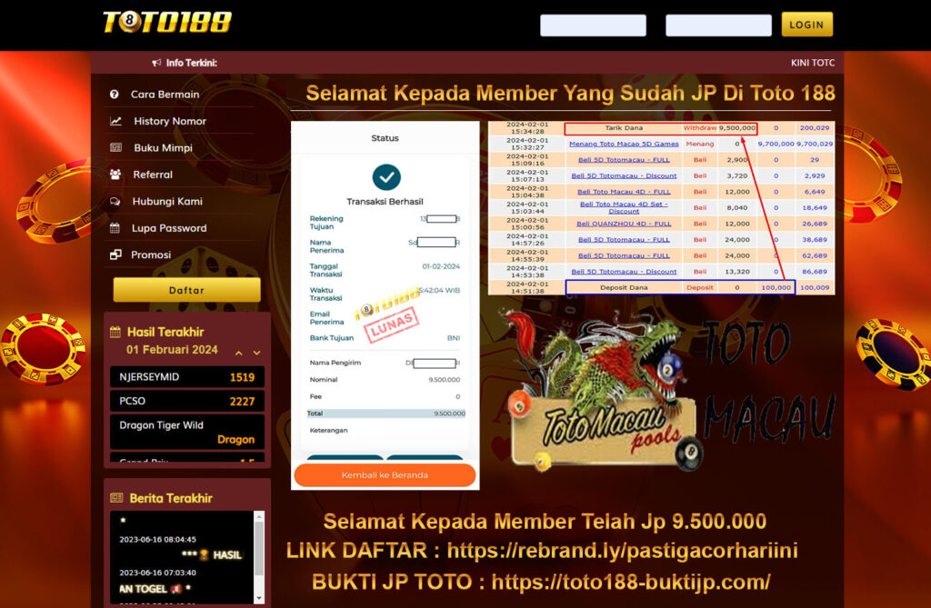 Bukti Jp Kemenangan Toto188 Toto Macau 01 Februari 2024