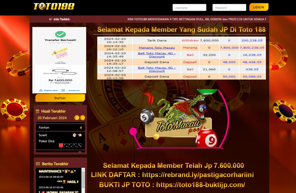 Bukti Jp Kemenangan Toto188 Totomacau 20 Februari 2024