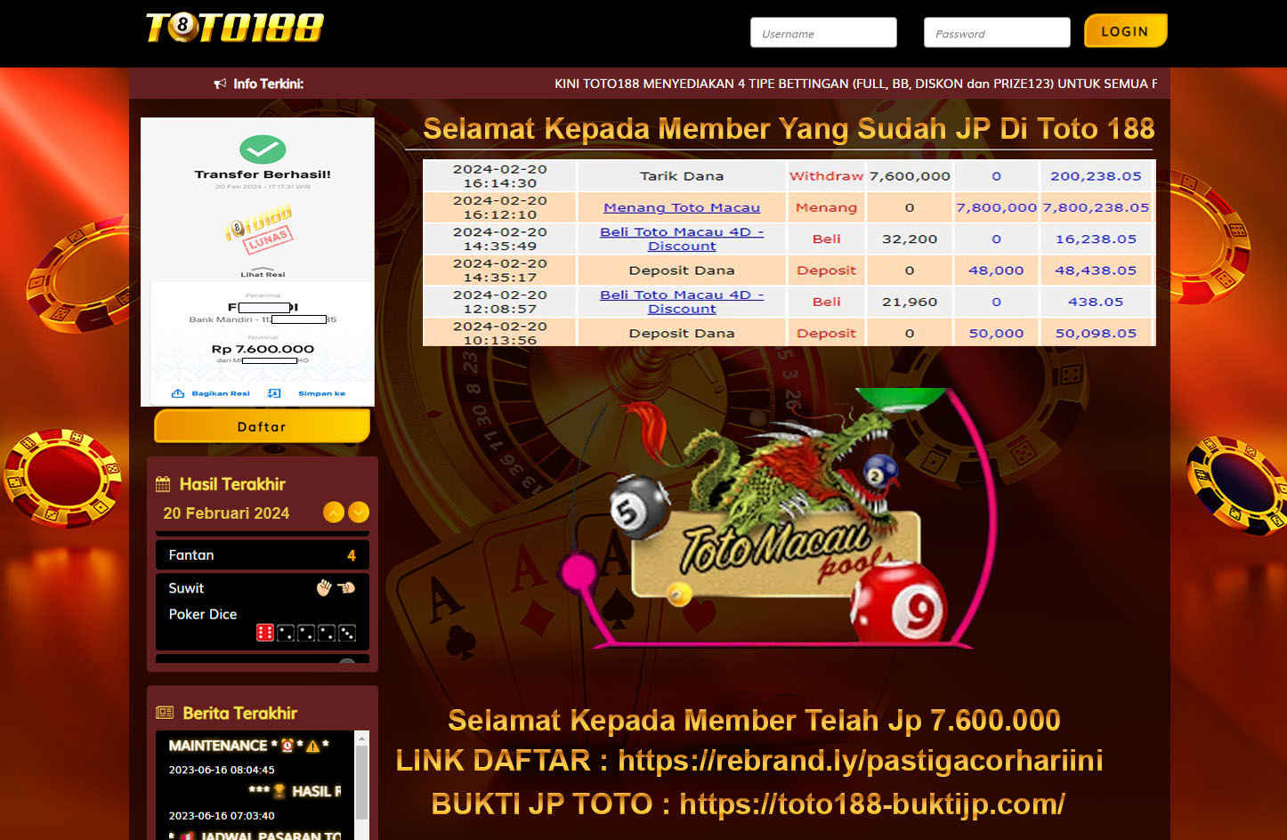 Bukti Jp Kemenangan Toto188 Totomacau 20 Februari 2024