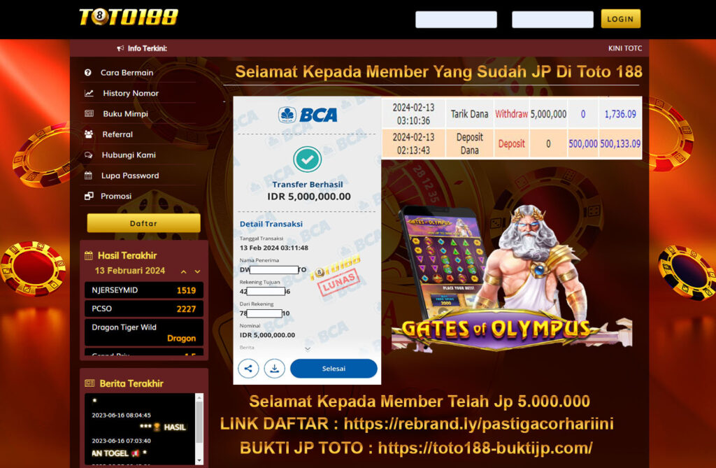 bukti jp kemenangan toto188 13 feb24