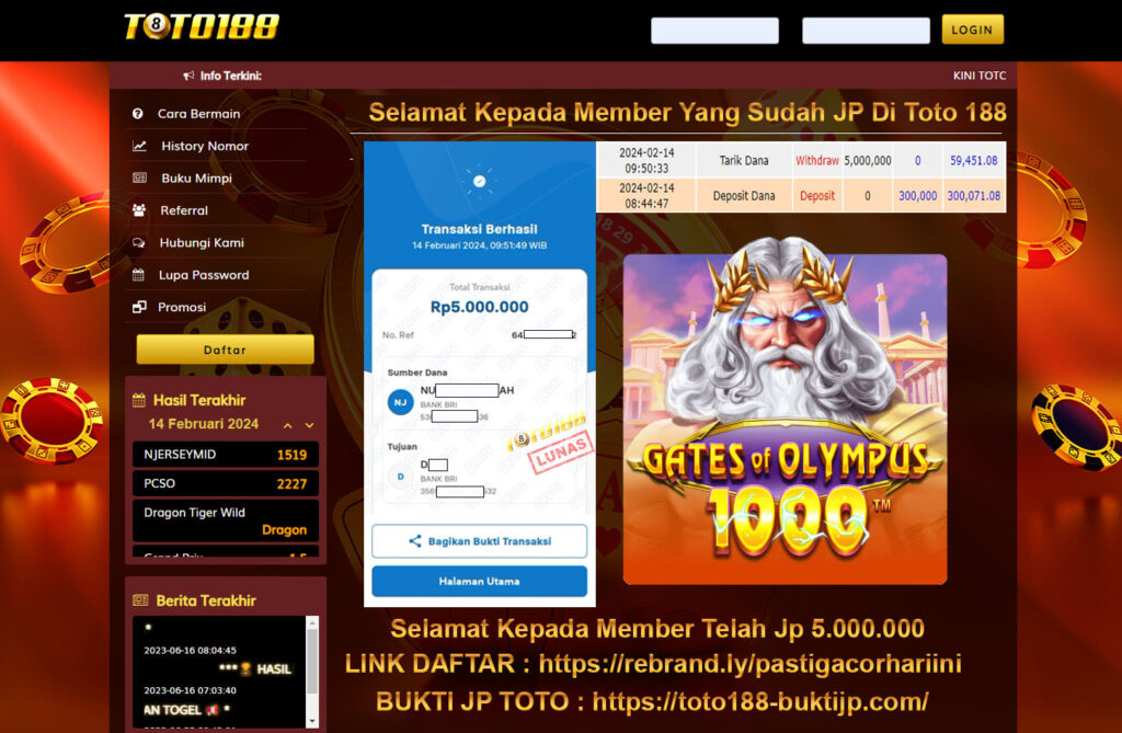 Bukti Jp Kemenangan Toto188 Gates Of Olympus 14 Februari 2024