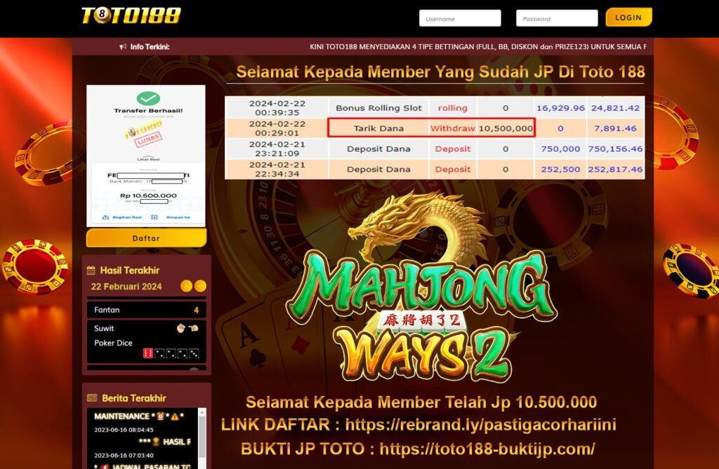 Bukti Jp Kemenangan Toto188 Mahjong ways2 22 februari 24