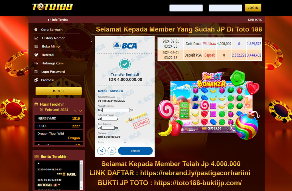 Bukti Jp Kemenangan Toto188 01 Februari 2024